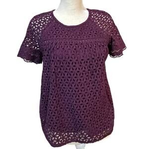 J.Crew Eyelet purple blouse top lace deep purple sz 8 flowy pullover shirt women